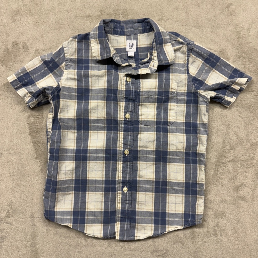 EUC GAP Kids Light Blue and White Checkered Shirt with Khaki Stripes Size XS